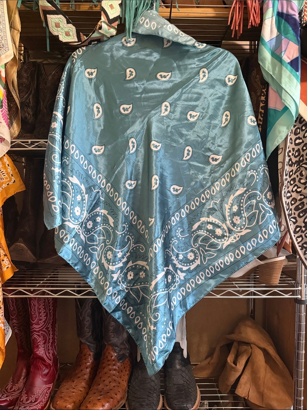Teal Paisley Satin Bandana Scarf - Home Accent